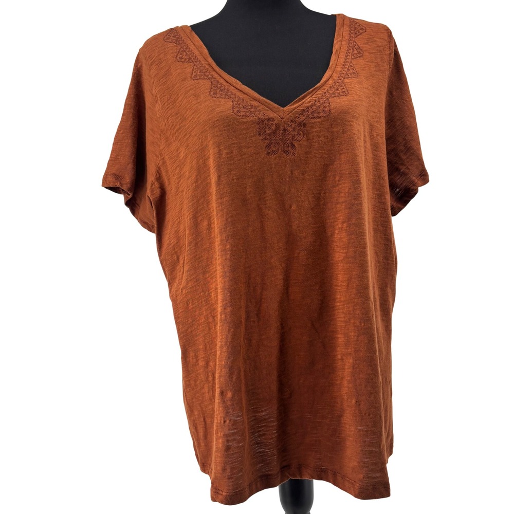 Lane Bryant Womens 18/20 Burnt Orange Slub Knit Embroidered V-Neck Tee Top
